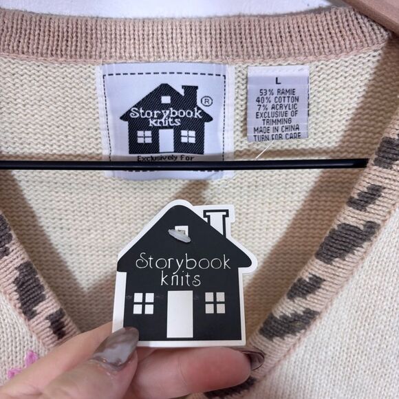 STORYBOOK KNITS Vintage Sweater /Cardigan NEW BEIGE W/Pink Roses BEADING Large - Picture 14 of 16